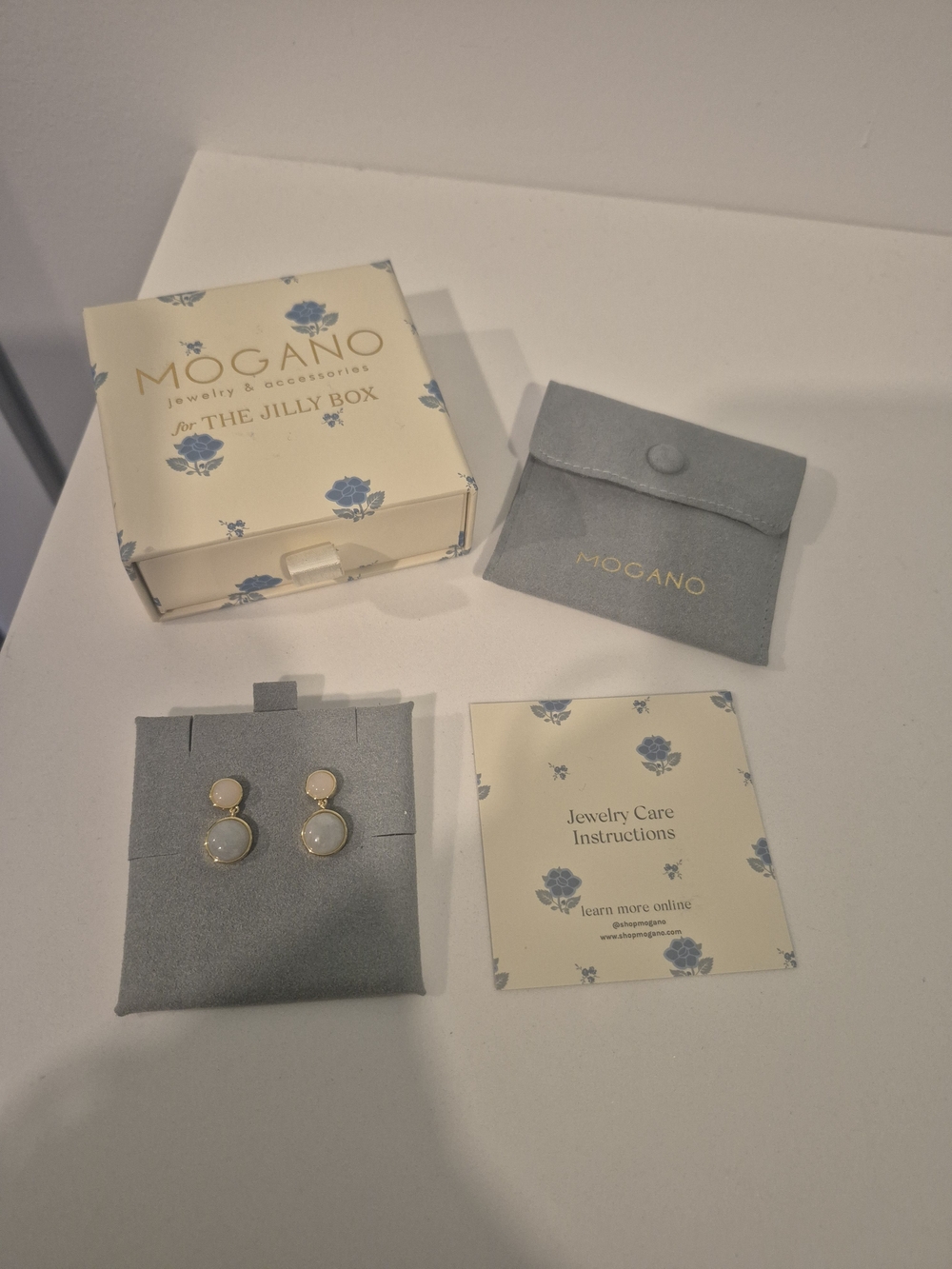Mogano Jilly Box White And Sage Green GemStone Drop Earrings with Gold Trim